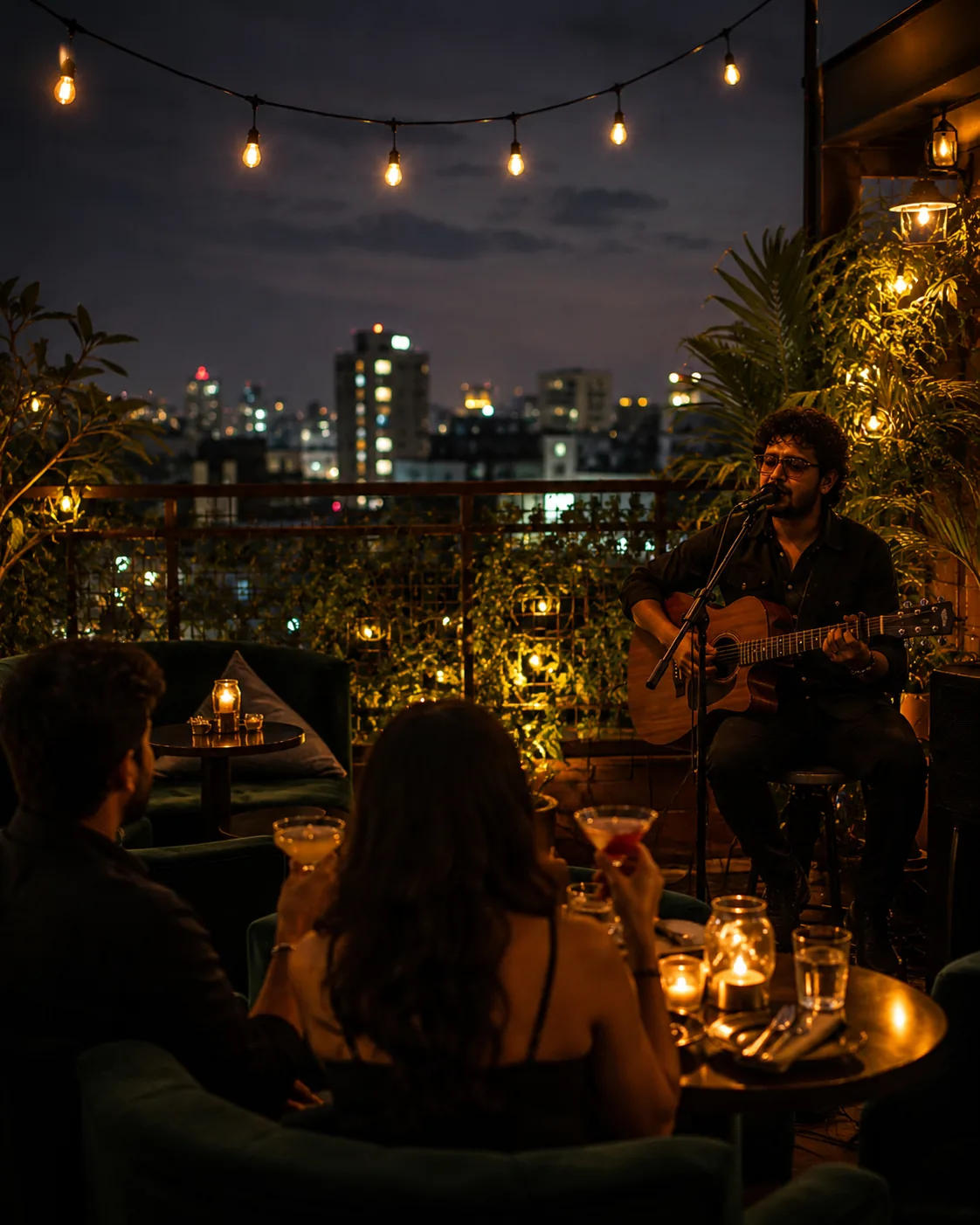 A musician playing acoustic guitar and singing on the Don't Tell Mama rooftop at night, string lights overhead and the city skyline behind him