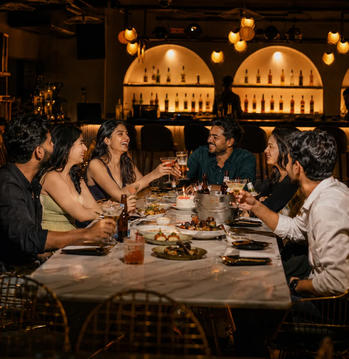 A large group of friends raising a toast at a marble table with a birthday cake, the illuminated bar arches glowing behind them