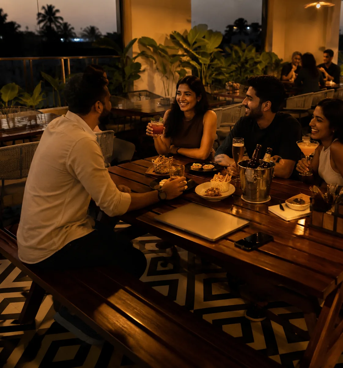 Friends gathered around a table with drinks and small plates, a laptop resting nearby as the workday winds down